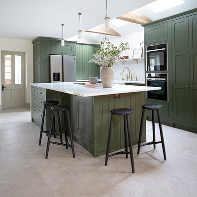 Step inside a green kitchen with Hambleton Ivory porcelain