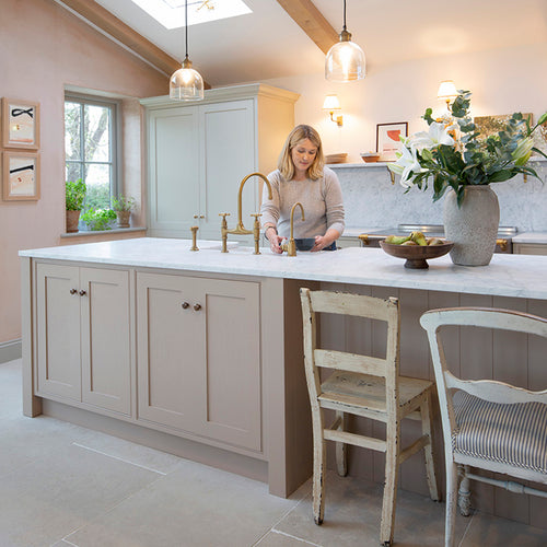 Step inside Chris and Vickys pink kitchen with Versailles limestone