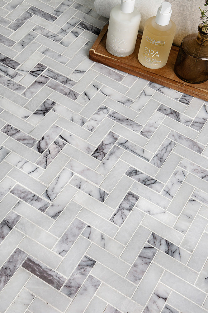 Carrara Viola Dusk Honed Marble Herringbone Mosaic