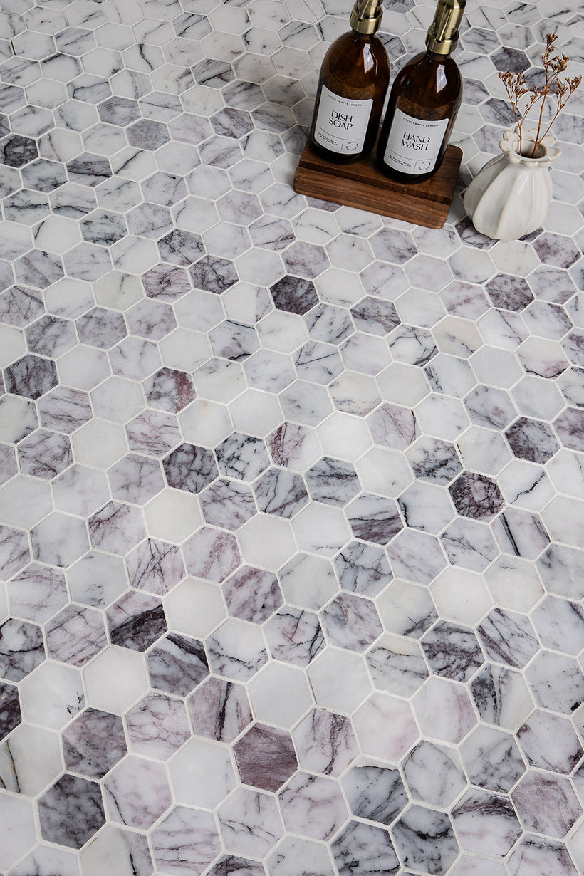 Carrara Viola Dusk Honed Marble Hexagon Mosaic