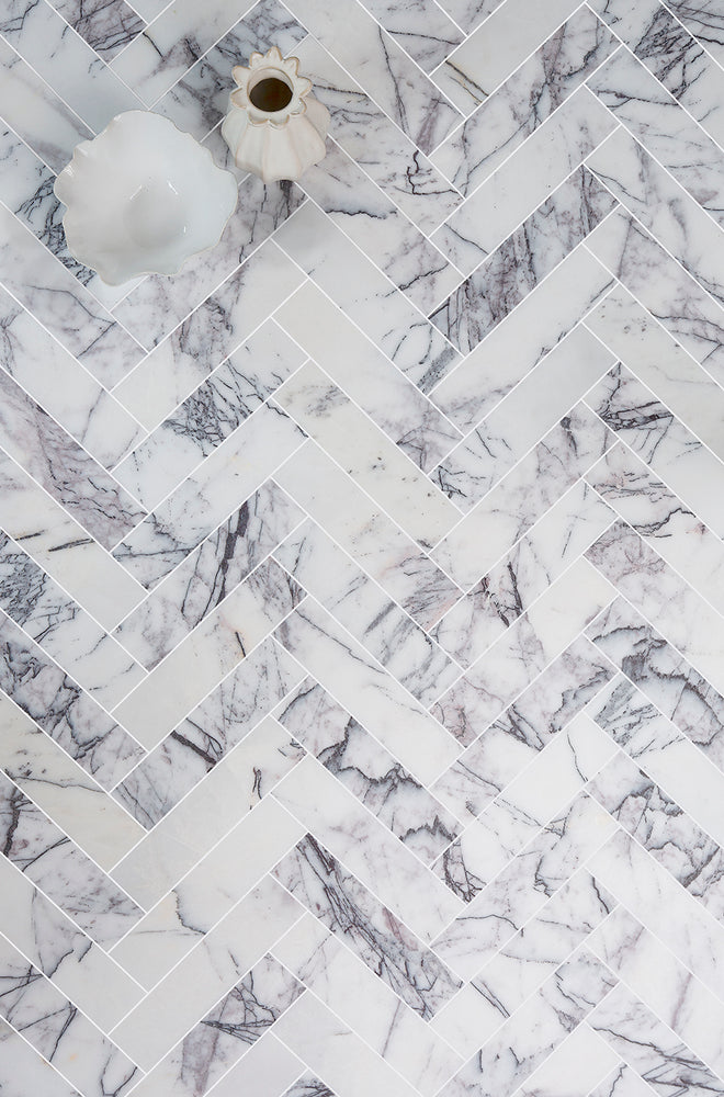 Carrara Viola Dusk Honed Marble Herringbone Metro