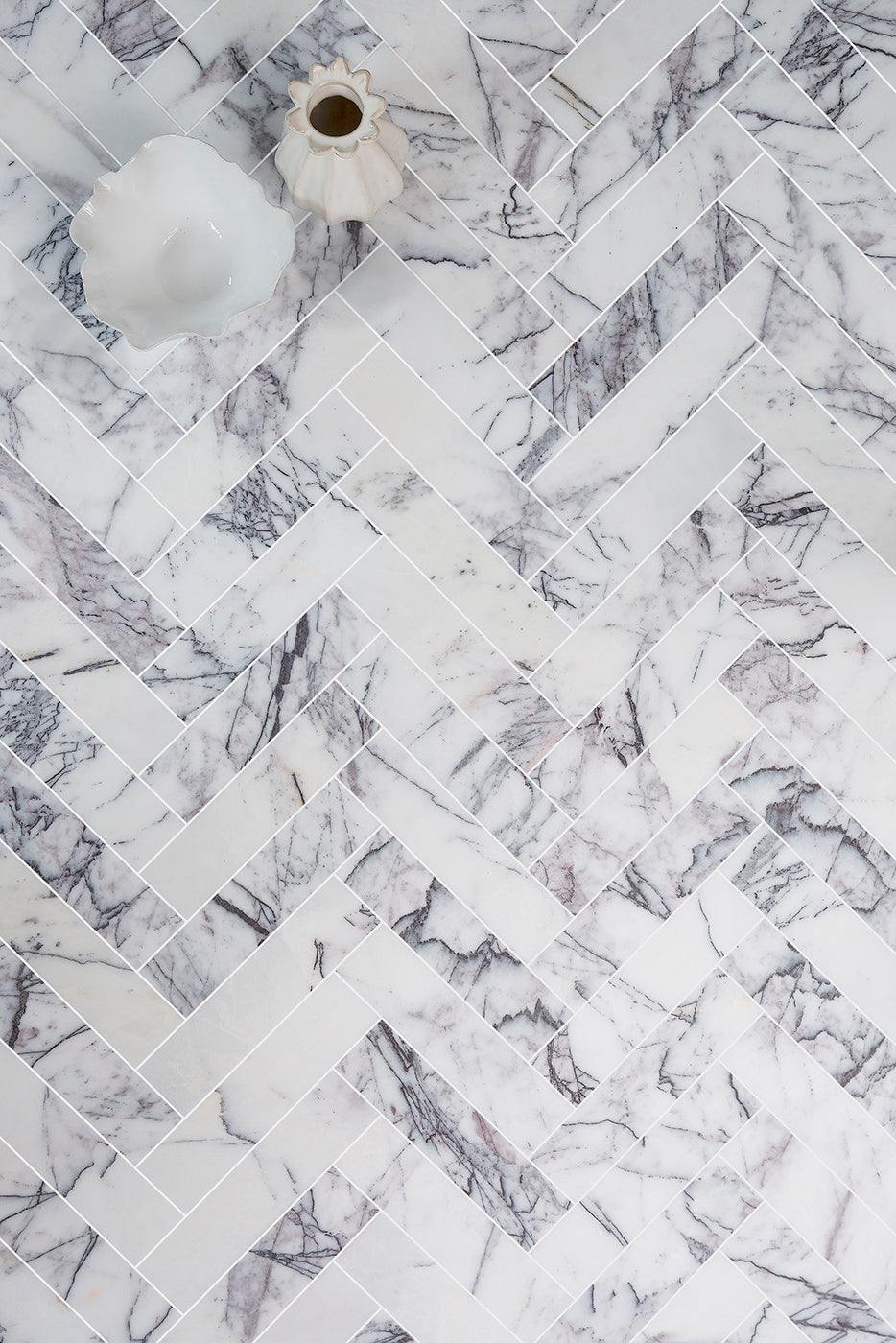 Carrara Viola Dusk Honed Marble Herringbone Metro Tiles | Quorn Stone