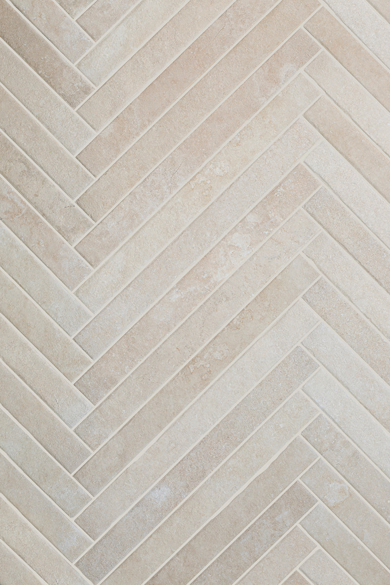 Castello Sand Tumbled Herringbone Porcelain Tiles | Quorn Stone