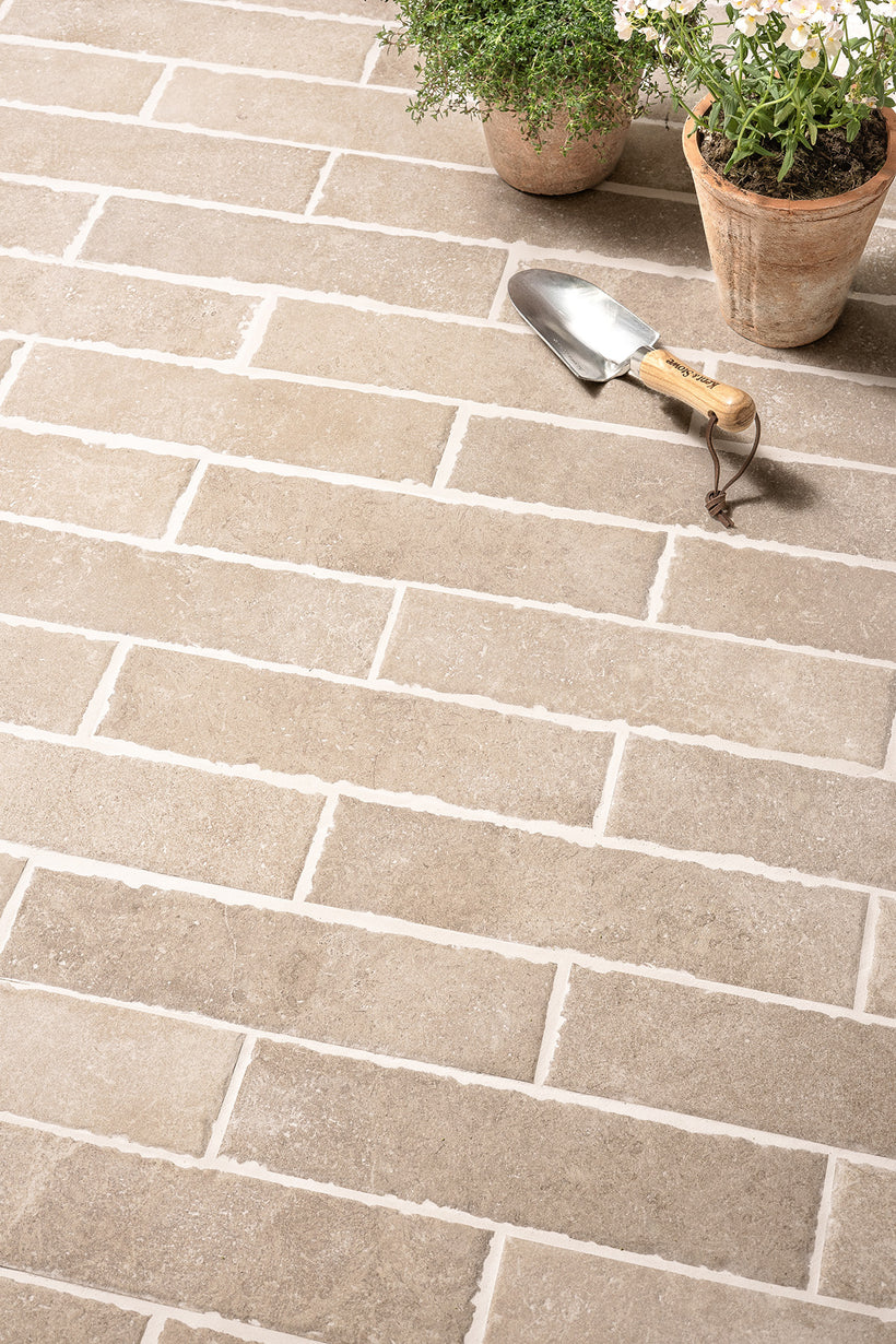 Hambleton Beige Tumbled Edge Porcelain Herringbone Cobbles
