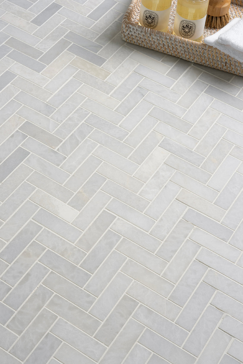 Mont Blanc Honed Marble Herringbone Mosaic