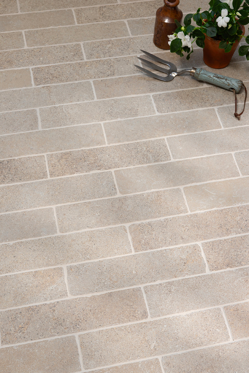 Montpellier Sable Tumbled Porcelain Herringbone Cobbles