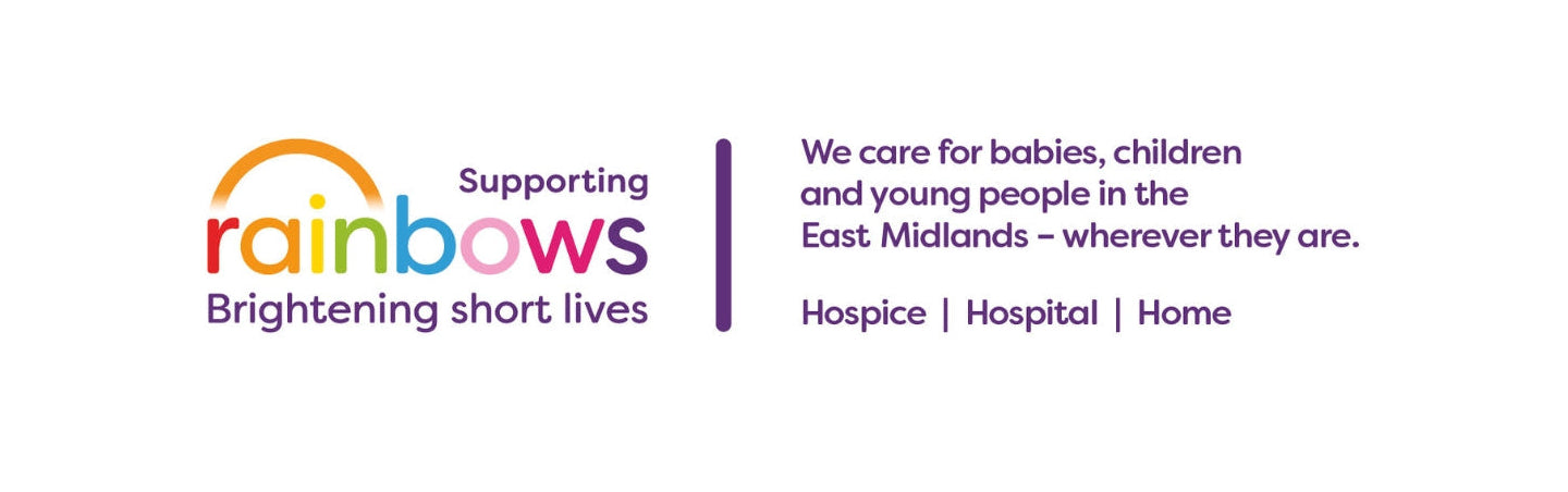 Logo and text of Rainbows charity on a white background